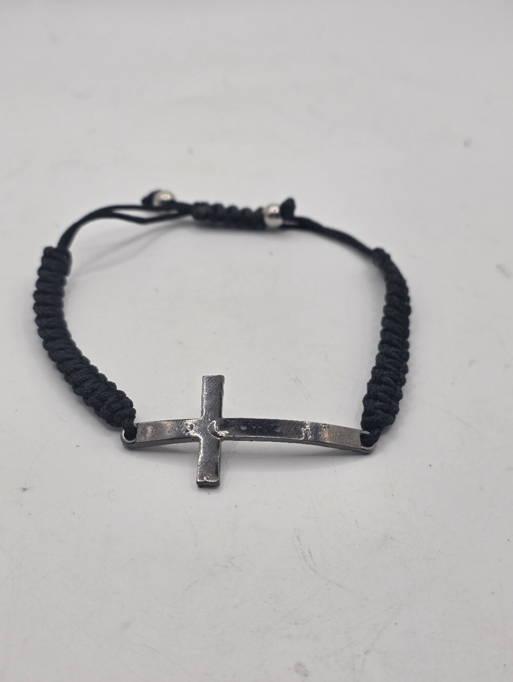 Christianity Black Adjustable Cord Bracelet with Metal Cross Bar Charm
